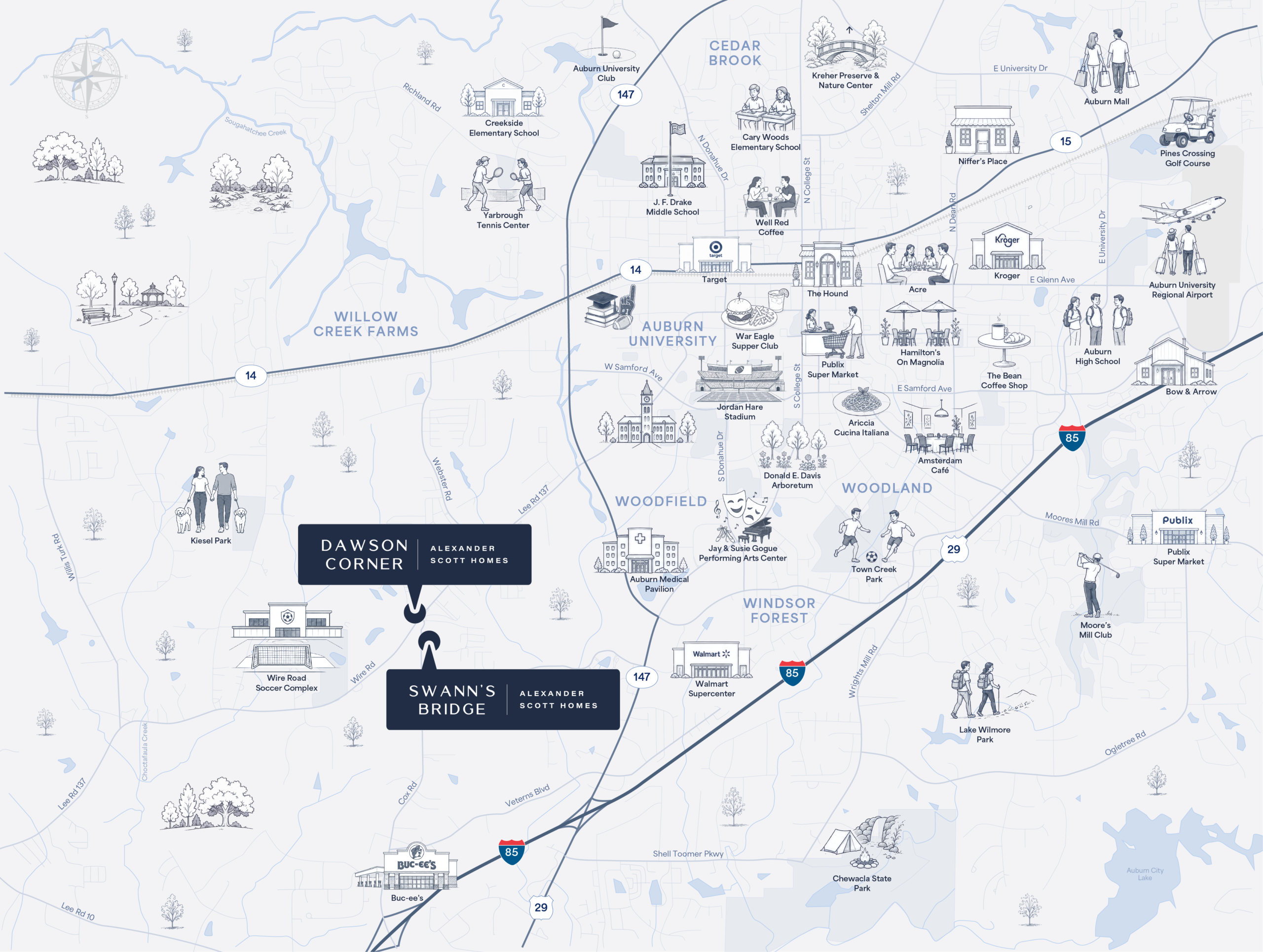 Illustrated Auburn neighborhood map showing Dawson Corner and Swanns Bridge